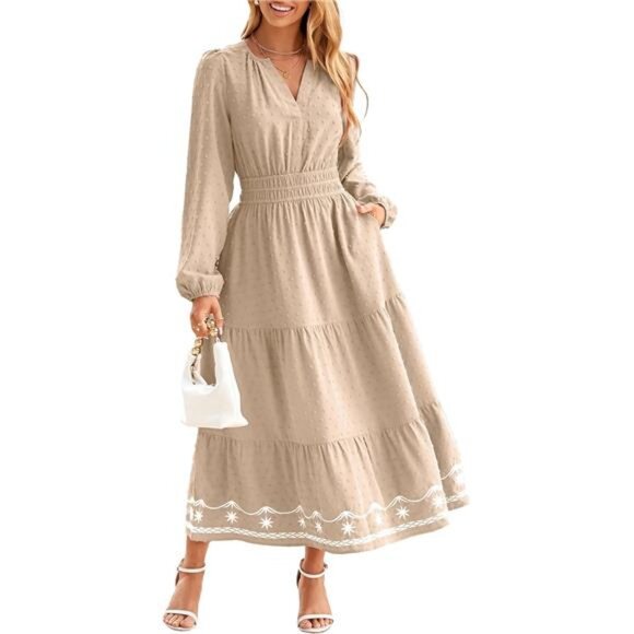 Womens Long Sleeve Dot Maxi Dress with Pockets Beige - Picture 1 of 6